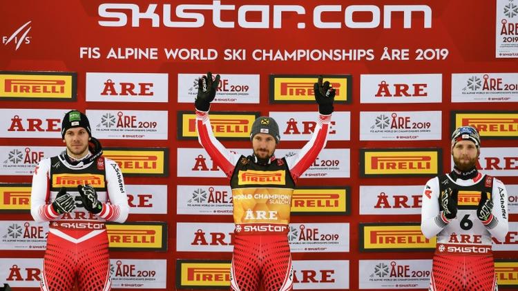 L'Autrichien Marcel Hirscher (c) remporte le slalom lors des Mondiaux d'Are le 17 février 2019 [Jonathan NACKSTRAND / AFP]