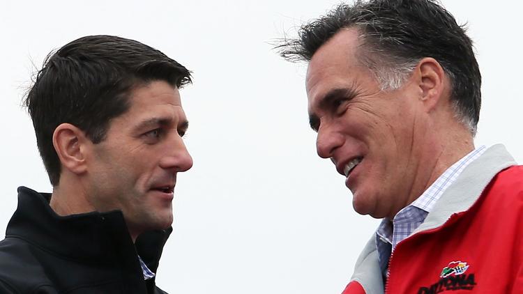 Le candidat républicain à la vice-présidence des Etats-Unis, Paul Ryan et Mitt Romney, le 25 septembre 2012 à Vandalia, dans l'Ohio [Alex Wong / Getty Images/AFP/Archives]