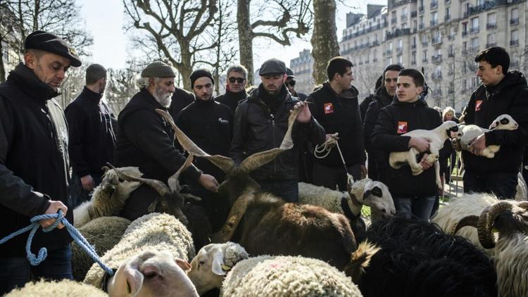 Des éleveurs lors d'une transhumance organisée en plein Paris, le 23 février 2018, à la veille de l'ouvertrure du salon de l'agriculture  [Philippe LOPEZ / AFP]