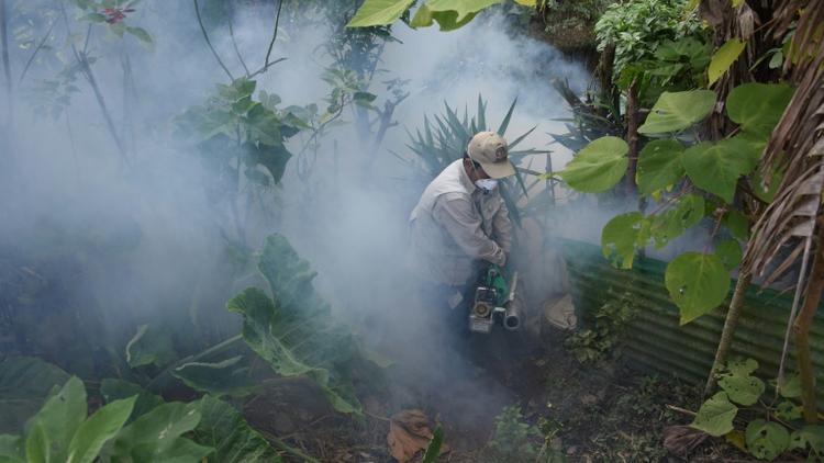 Un homme utilise des fumigènes pour éliminer des moustiques Aedes aegypti, vecteurs notamment du virus Zika, à Guatemala, le 5 février 2016 [JOHAN ORDONEZ / AFP]