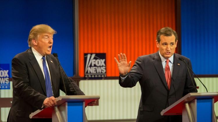 Donald Trump et Ted Cruz lors d'un débat télévisé le 3 mars 2016 à Detroit dans le Michigan [Geoff Robins / AFP]