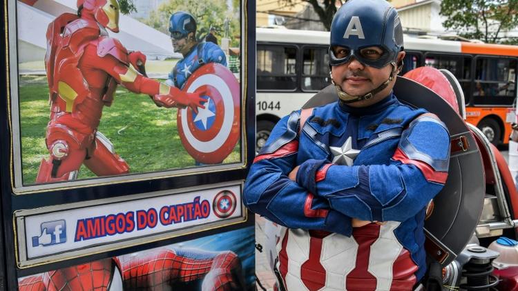 Le candidat brésilien Luiz Carlos de Paula pose en costume de Captain America à Sao Paulo le 26 septembre 2018. [NELSON ALMEIDA / AFP]