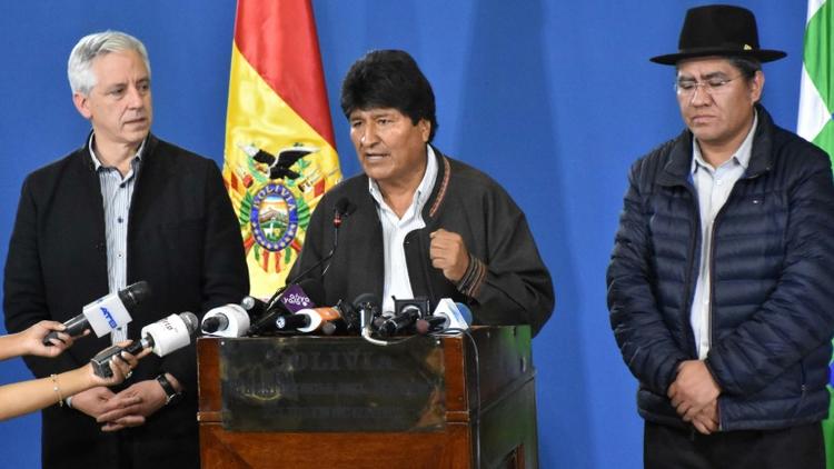 Photo de la présidence bolivienne représentant le président Evo Morales lors d'une conférrence de presse le 9 novembre 2019 à El Alto. [Freddy ZARCO / Bolivian Presidency/AFP]