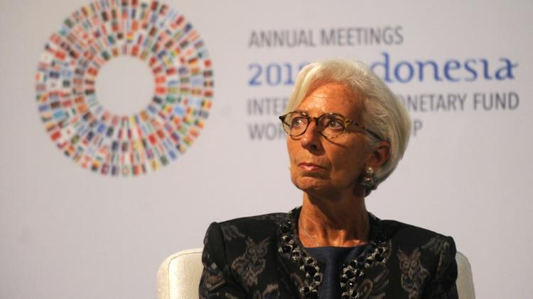 La directrice du Fonds monétaire international (FMI) Christine Lagarde lors d'une conférence à Bali, où FMI et Banque mondiale tiennent leur réunion annuelle [SONNY TUMBELAKA / AFP]