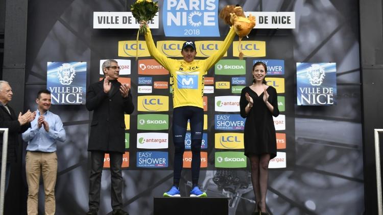 Le vainqueur du Paris-Nice 2018, l'Espagnol Marc Soler célèbre sa victoire à Nice, le 11 mars 2018 [JEFF PACHOUD / AFP]