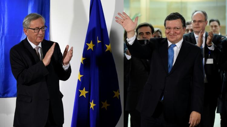 L'ex-président de la Commission européenne Jose Manuel Barroso (D) et son successeur Jean-Claude Juncker, le 30 octobre 2014, à Bruxelles [John THYS / AFP/Archives]