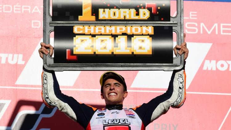 L'Espagnol Marc Marquez sur le podium du GP du Japon, à Motegi, le 21 octobre 2018 [Martin BUREAU / AFP]