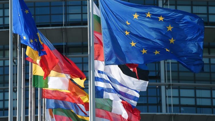 Les drapeaux européens et des pays membres de l'UE devant le Parlement européen, le 2 juillet 2019 à Strasbourg [FREDERICK FLORIN / AFP]