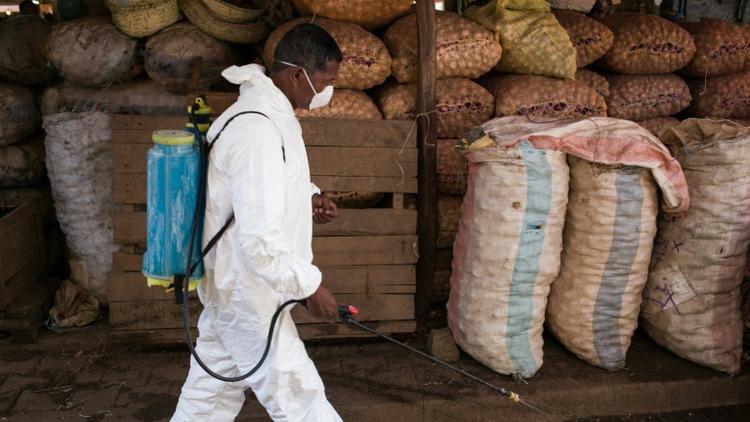 Un employé municipal désinfecte un marché d'Antananarivo le 10 octobre 2017 pour lutter contre la peste qui a déjà fait 74 morts à Madagascar. [RIJASOLO / AFP/Archives]