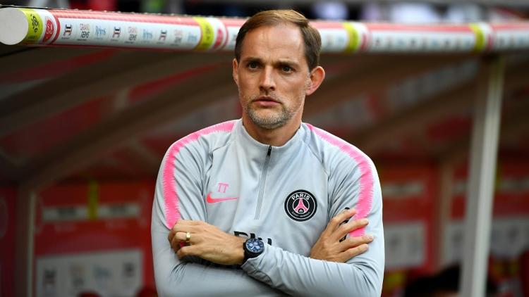 L'entraîneur du PSG, Thomas Tuchel, suit le match contre Reims en L1 au stade Auguste-Delaune, le 24 mai 2019 [FRANCK FIFE / AFP]