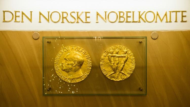 Les deux faces de la médaille du prix Nobel exposées dans le hall de l'Institut Nobel à Oslo, en décembre 2015 [ODD ANDERSEN / AFP/Archives]