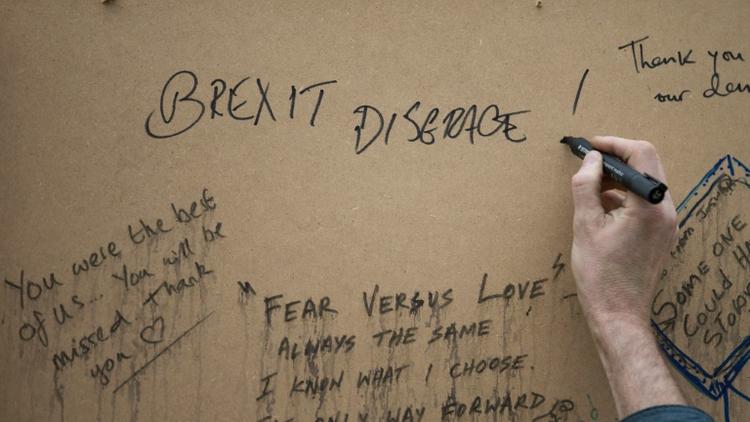 "Brexit Disgrace !" écrit lors de l'hommage qui a été rendu à Jo Cox le 20 juin 2016 au Parlement à Londres [JUSTIN TALLIS / AFP]