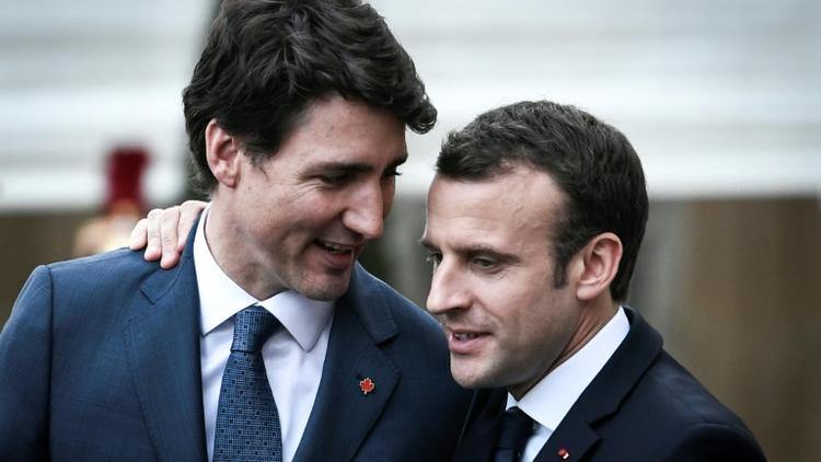 Le Premier ministre canadien Justin Trudeau et le président français Emmanuel Macron après leur rencontre à l'Elysée, le 16 avril 2018 [STEPHANE DE SAKUTIN / AFP]