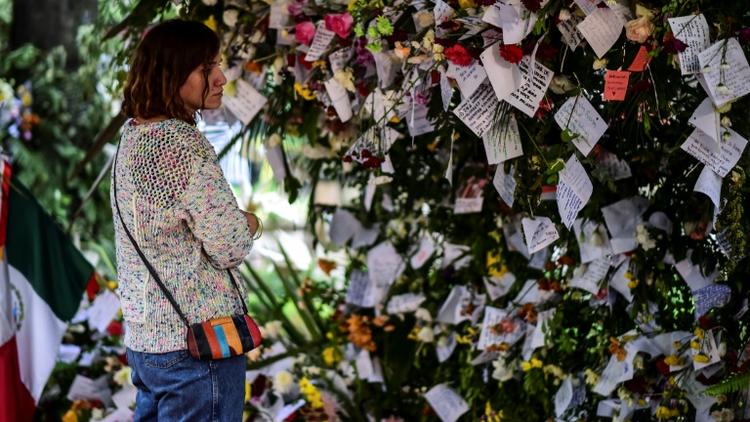 Une femme lit des messages déposés en mémoire aux victimes du séisme, à Mexico le 25 septembre 2017 [RONALDO SCHEMIDT / AFP]