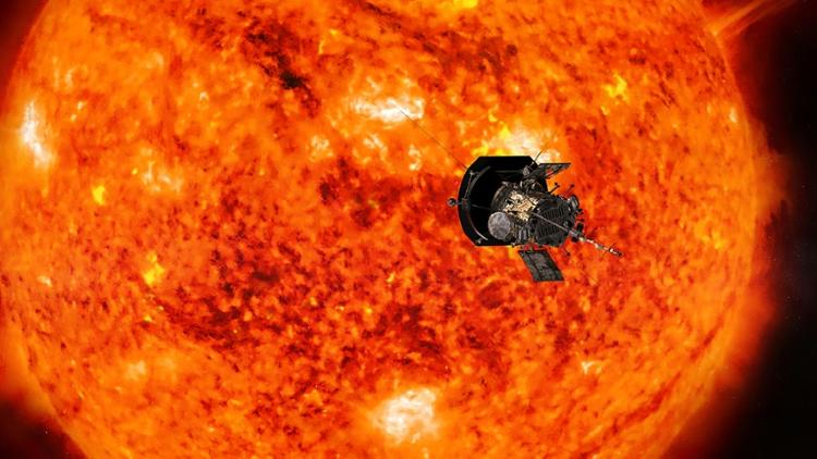 Illustration imaginée par un artiste de la sonde Parker de la Nasa  qui doit "toucher le Soleil". Illustration obtenue de la Nasa Johns Hopkins APL le 6 juillet 2018       [HO / NASA/Johns Hopkins APL/AFP]