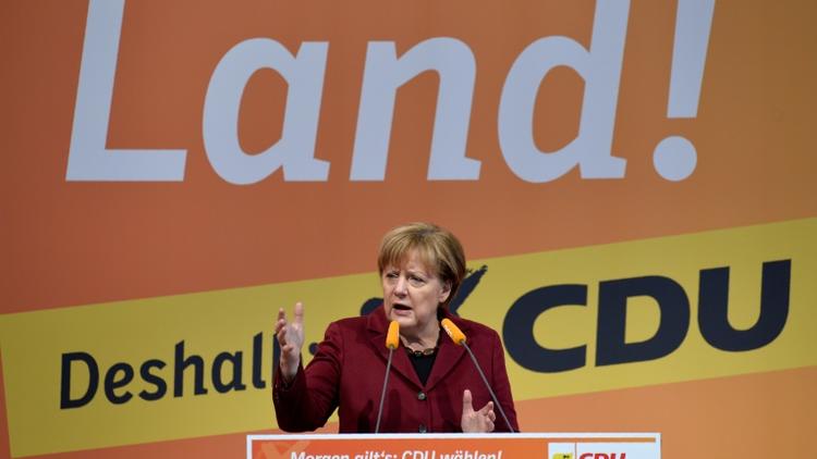 La chancelière allemande Angela Merkel lors d'un meeting le 12 mars 2016 à Haigerloch en Allemagne [Thomas Kienzle                       / AFP]