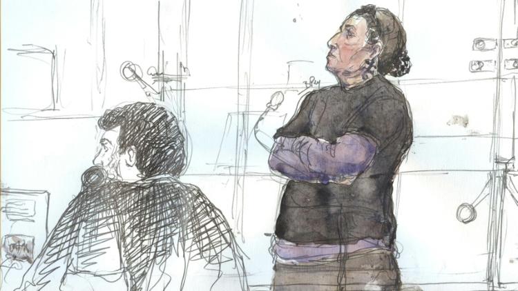 Croquis d'audience réalisé le 4 juin 2018 au procès de Christine Rivière, surnommée "Mamie jihad" (d), à la cour d'appel de Paris [Benoit PEYRUCQ / AFP/Archives]
