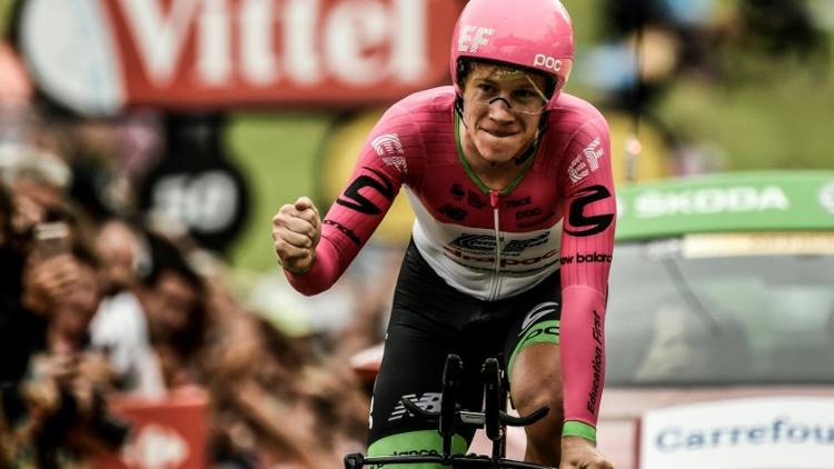 L'Américain Lawson Craddock franchit la ligne d'arrivée de la 20e étape du Tour, un contre-la-montre individuel, à Espelette, le 28 juillet 2018 [Philippe LOPEZ / AFP]