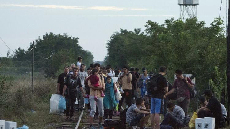 Une famille de migrants passent la frontière le 24 août 2015 entre la Serbie et la Hongrie près du village de Asotthalom, après que les fils barbelés ont été coupés [CSABA SEGESVARI / AFP]