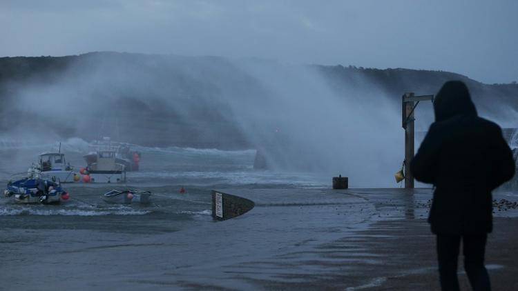 Une personne regarde les bateaux secoués par la houle lors d'une tempête à Auderville, le 8 février 2016 dans la Manche [CHARLY TRIBALLEAU / AFP/Archives]