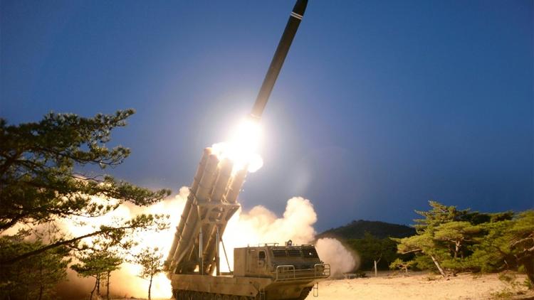 Un test de lanceur de roquettes nord-coréen le 29 mars 2020, sur une photographie transmise par l'agence de presse officielle KCNA [STR / KCNA VIA KNS/AFP]
