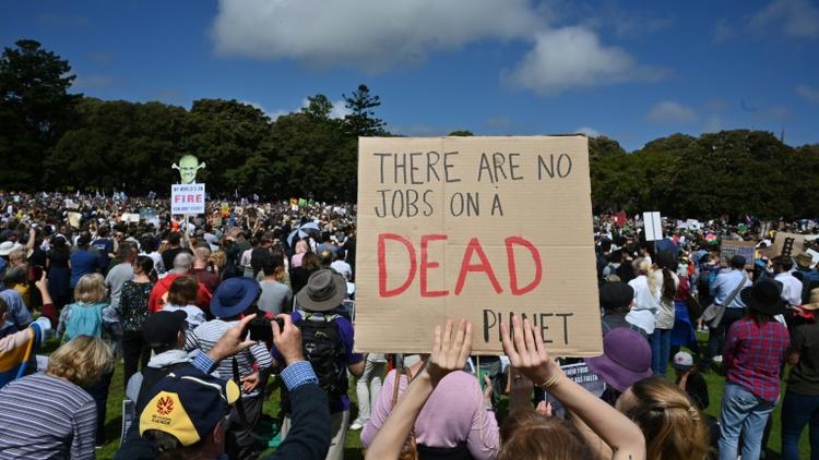 "Il n'y a pas d'emplois sur une planète morte", affiche une pancarte brandie lors d'une manifestation pour le climat, le 20 septembre 2019 à Sydney [PETER PARKS / AFP]