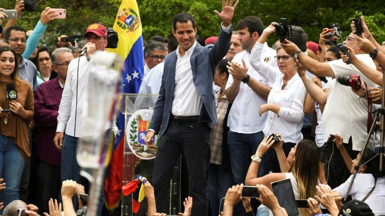 Le leader de l'opposition vénézuélienne Juan Guaido lors d'une manifestation à Caracas le 11 mai 2019 [RONALDO SCHEMIDT / AFP]