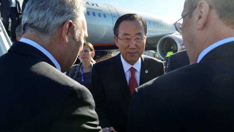 Ban Ki-moon le 4 septembre 2013à son arrivée à Saint Petersbourg pour le G20  [- / G20russia/AFP]