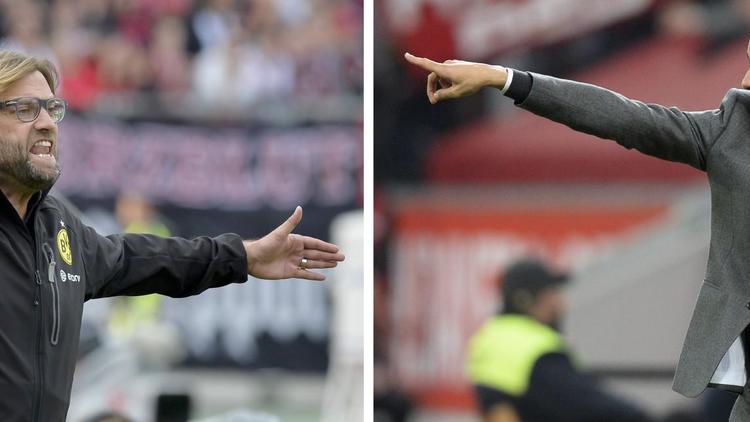 Montage de photos des entraîneurs de Dortmund Jürgen Klopp (g) et du Bayern Munich Pep Guardiola [Christof Stache/Guenter Schiffmann / AFP]