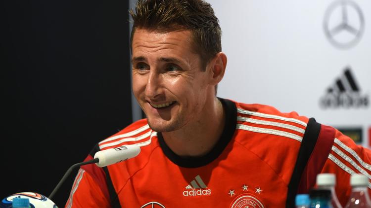 L'Allemand Miroslav Klose, lors d'une conférence de presse à Santo André, le 10 juillet 2014 [Patrik Stollarz / AFP]
