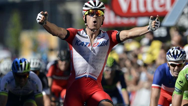 Le Norvégien Alexander Kristoff (Katusha), vainqueur de la 12e étape du Tour de France, le 17 juillet 2014 à Saint-Etienne [Jeff Pachoud / AFP]