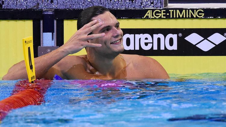 Florent Manaudou après la finale du 50 m libre des championnats d'Europe de natation à Berlin, le 24 août 2014 [Tobias Schwarz / AFP]