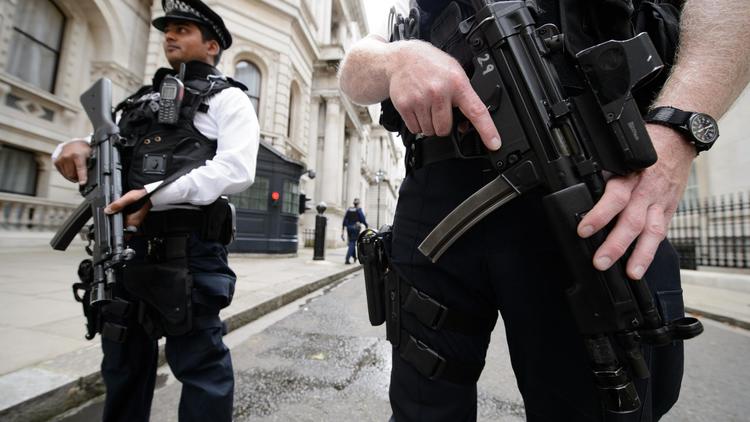 Des policiers lourdement armés sont en faction devant le 10 Downing Street, la résidence du Premier ministre britanique, le 29 août 2014 [Leon Neal / AFP]