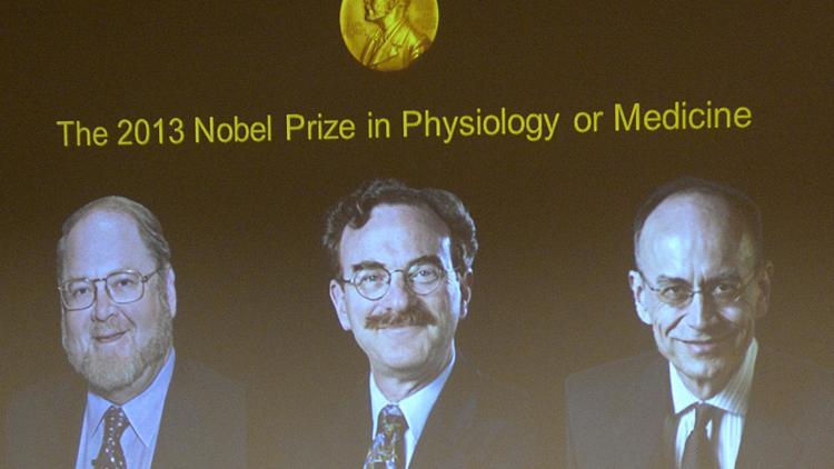 Photo prise le 7 octobre 2013 à Stockholm des trois vainqueurs du Nobel de Médecine, James E. Rothman, Randy W. Schekman et Thomas C. Südhof (de g à d) [Jonathan Nackstrand / AFP]