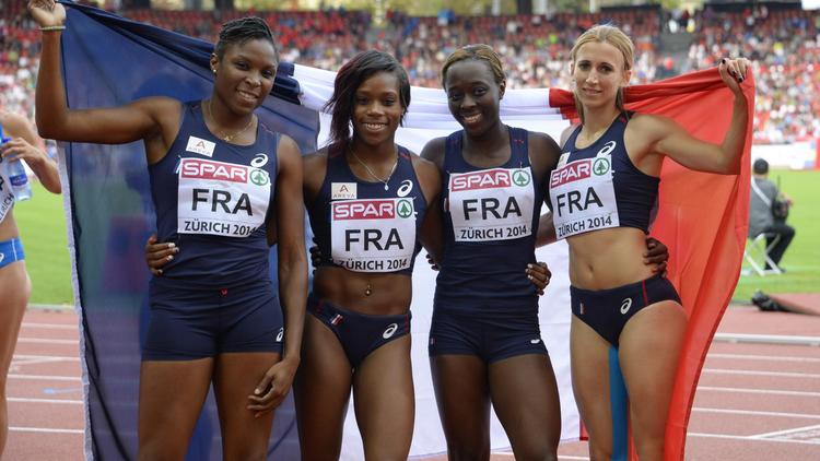 Le relais 4x100 m français féminin, médaillé d'argent aux Championnats d'Europe à Zurich, le 17 août 2014 [Olivier Morin / AFP]