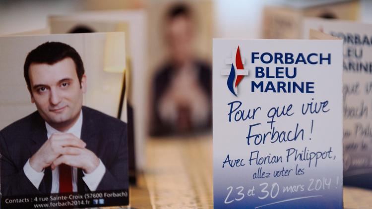 L'affiche électorale de Florian Philippot à son siège de campagne le 4 janvier 2014 à Forbach [Jean-Christophe Verhaegen  / AFP/Archives]