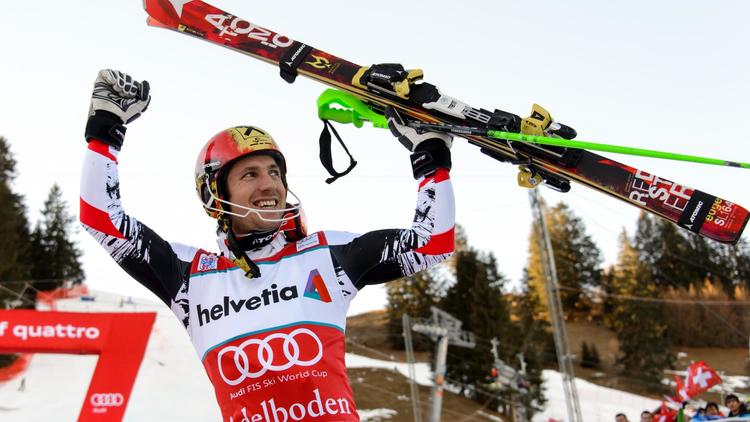 L'Autrichien Marcel Hirscher après sa victoire dans le slalom d'Adelboden le 12 janvier 2013 [ / AFP]