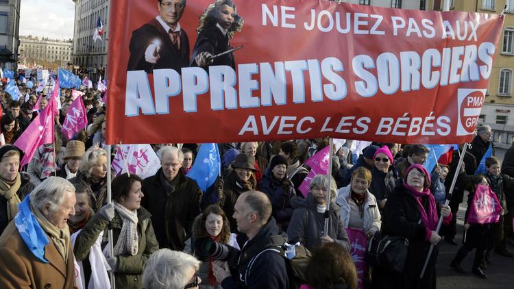 Des participants à "La Manif pour Tous" défilent le 2 février 2014 à Paris [Jean-Philippe Ksiazek  / AFP]