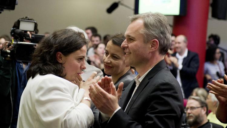 Emmanuelle Cosse, secrétaire nationale d'Europe Écologie-Les Verts (EELV), Cecile Duflot et  Francois de Rugy le 5 avril 2014 à Paris [Alain Jocard / AFP/Archives]