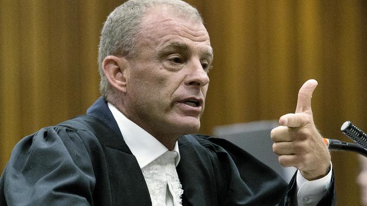 Le procureur Gerrie Nel lors de sa description peu flatteuse du champion paralympique sud-africain Oscar Pistorius, jugé pour le meurtre de sa petite amie, au tribunal de Pretoria le 10 avril 2014 [Marco Longari / AFP]