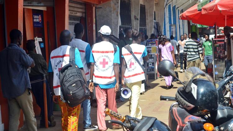 Des membres de la Croix Rouge guinéenne à Conakry, lors d'une campagne de sensibilisation aux dangers du virus Ebola, le 11 avril 2014 [Cellou Binani / AFP/Archives]