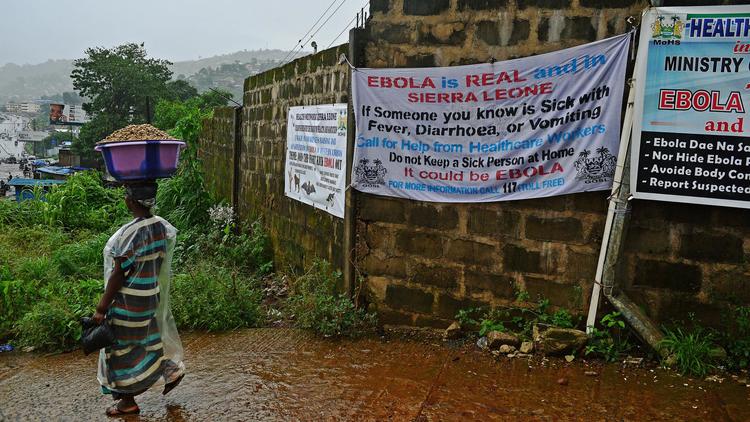 Une femme passe devant des panneaux de sensibilisation à l'épidémie d'Ebola à Freetown, en Sierra Leone, le 13 août 2014 [Carl de Souza / AFP]