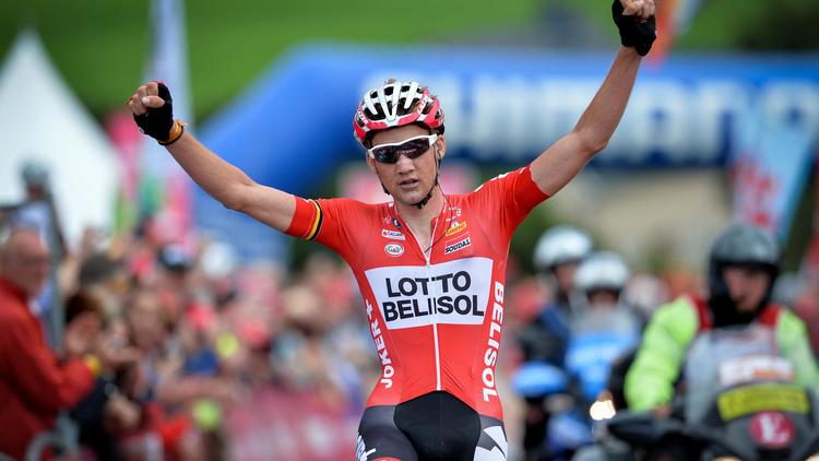 Le Belge Tim Wellens (Lotto), vainqueur de la 6e étape du Tour du Benelux, le 16 août 2014 au sommet de la côte de La Redoute [David Stockman / Belga/AFP]