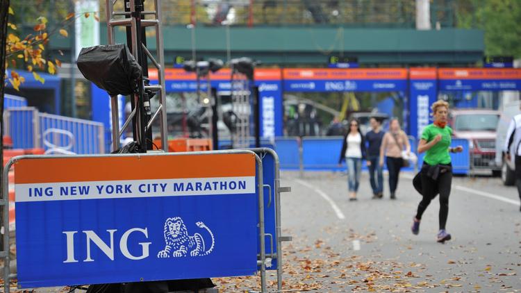 La ligne d'arrivée du Marathon de New York, lors des préparatifs, le 31 octobre 2013 [Stan Honda / AFP]