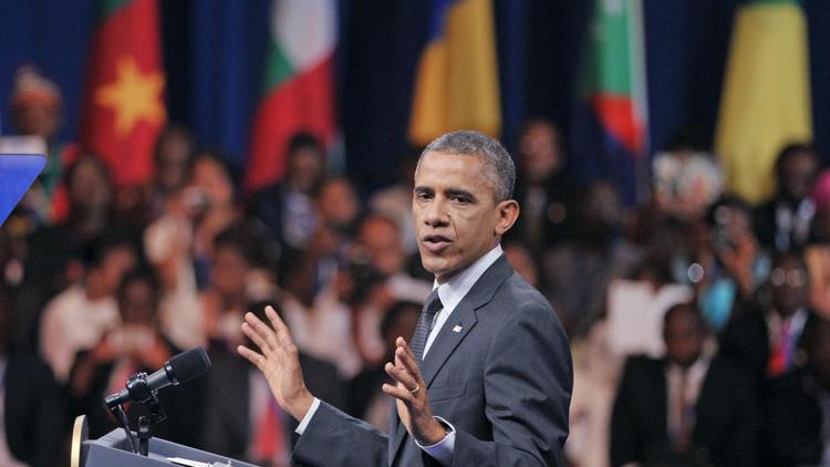 Le président des Etats-Unis Barack Obama à Washington le 28 juillet 2014 lors d'une conférence des jeunes learders africains à une semaine d'un sommet dans la capitale américaine sans précédent qui rassemblera près de 50 dirigeants africains [Mandel Ngan / AFP]