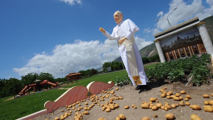 Une statue du pape François dans un chammp de pommes de terre à Cicciano, dans le sud de l'Italie, le 20 mai 2013 [Mario Laporta / AFP]