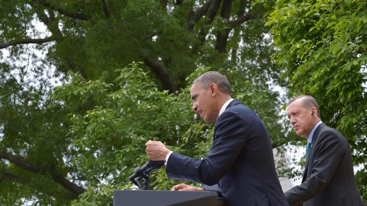 Barack Obama lors d'une conférence de presse avec le Premier ministre turc Recep Tayyip Erdogan, le 16 mai 2013 à Washington DC [Mandel Ngan / AFP]