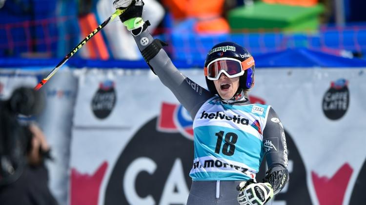 La Française Taïna Barioz exulte après sa 2e place lors du géant des finales de la Coupe du monde à St Moritz, le 20 mars 2016 [FABRICE COFFRINI / AFP]