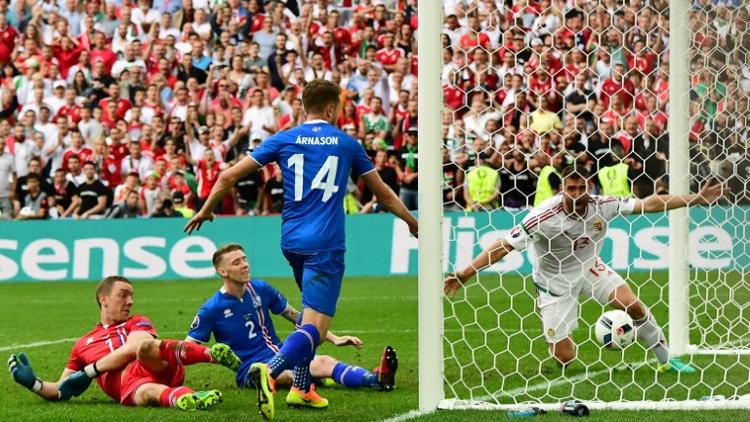 L'Islandais Birkir Saevarsson marque contre son camp contre la Hongrie lors de l'Euro, le 18 juin 2016 à Marseille [ATTILA KISBENEDEK / AFP]