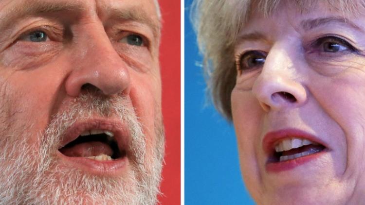 Montage créé le 31 mai 2017 montrant le leader travailliste Jeremy Corbyn et la Première ministre britannique Theresa May [Dan Kitwood, Lindsey PARNABY / AFP/Archives]